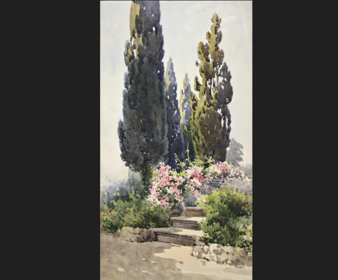 Γιαλλινάς Άγγελος (1857-1939), Ανθισμένη σκάλα και κυπαρίσσια, Εθνική Πινακοθήκη